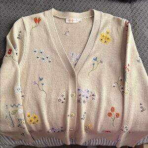 Tory Burch Floral Embroidered Beige Cardigan Sweater